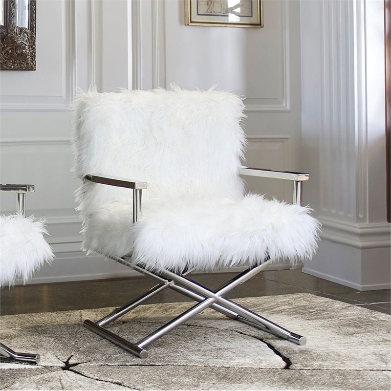 Armen Living Calgary Faux Fur Accent Chair in White and Silver | Cymax ...
