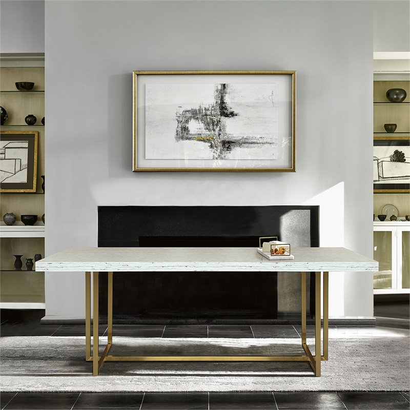 Armen Living Harmony Trestle Dining Table in Brushed Gold and Ash