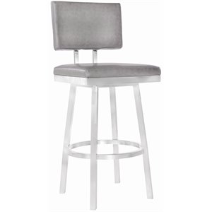 Armen Living Balboa 26&quot Faux Leather Swivel Counter Stool in Gray and Silver