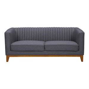 prism loveseat in champagne wood finish and dark grey fabric