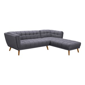 belina sectional in champagne wood finish and dark gray fabric