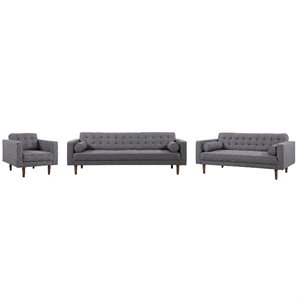 element living room set in dark gray linen and walnut legs