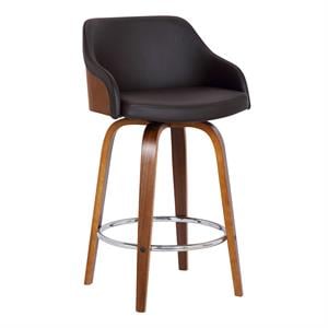 Armen Living Alec 30&quot Modern Faux Leather Swivel Bar Stool in Walnut and Brown