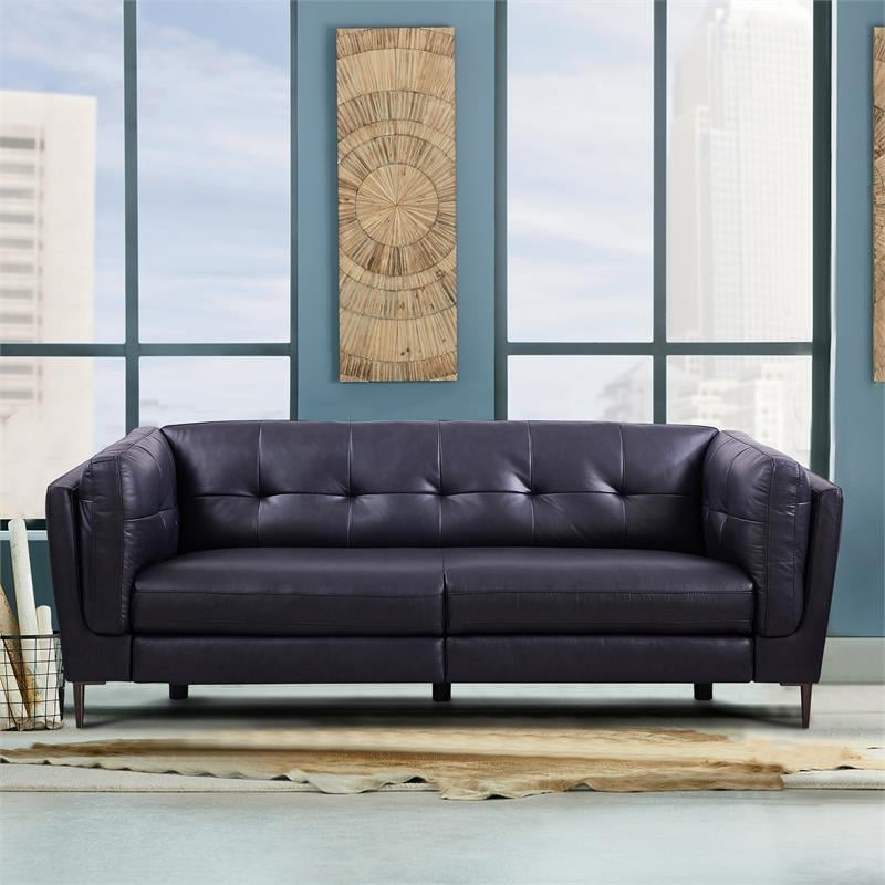 Armen Living Primrose Contemporary Genuine Leather Sofa in Blue