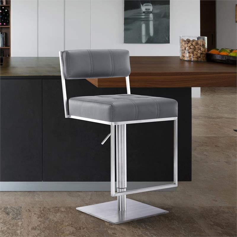Armen Living Michele Faux Leather Swivel Bar Stool in Gray/Stainless Steel