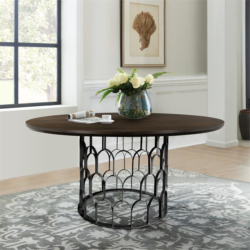 Armen Living Gatsby Round Contemporary Wood & Metal Dining Table in Oak/Black