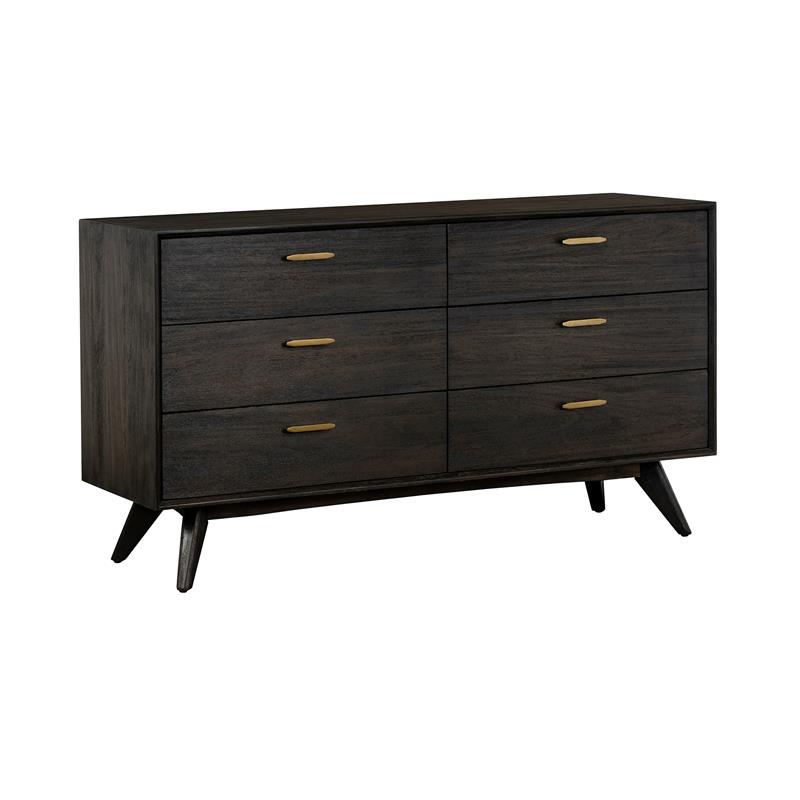 Armen Living Baly 6-Drawer Wood Dresser with Antique Brass Accents in Brown