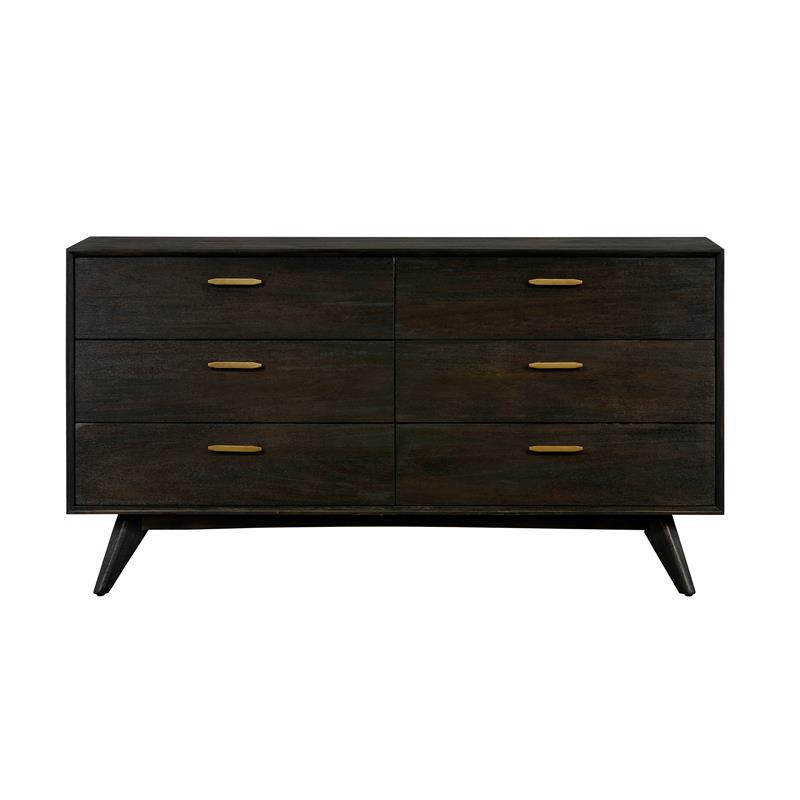 Armen Living Baly 6-Drawer Wood Dresser with Antique Brass Accents in Brown