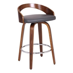 Armen Living Sonia 26&quot Faux Leather & Wood Swivel Counter Stool in Gray/Walnut
