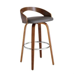 Armen Living Sonia 30&quot Faux Leather & Wood Swivel Bar Stool in Gray/Walnut