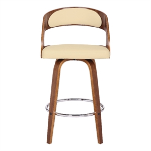 Armen Living Shelly 26&quot Modern Faux Leather Swivel Counter Stool in Cream/Walnut