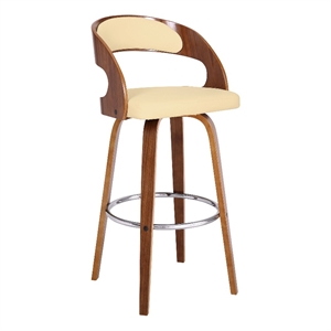 Armen Living Shelly 30&quot Modern Faux Leather Swivel Barstool in Cream/Walnut