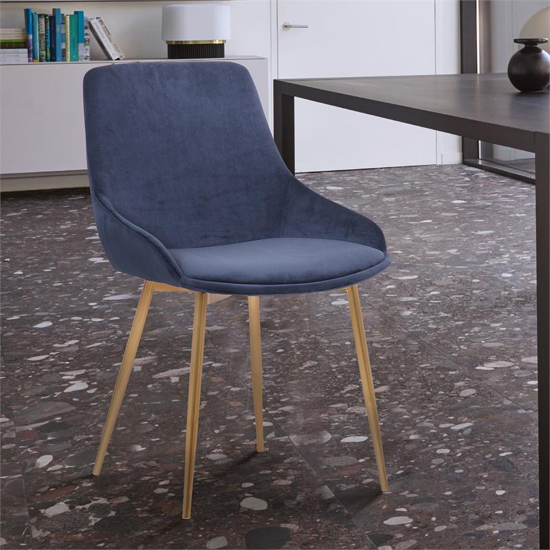 Armen Living Heidi Modern Velvet & Metal Dining Accent Chair in Blue/Gold