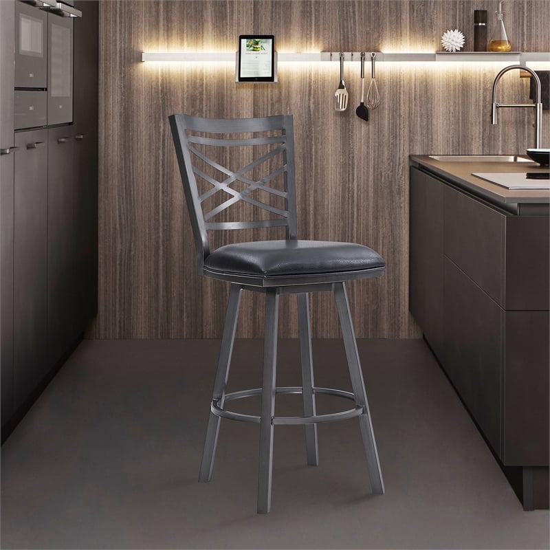 Armen Living Fargo Modern Faux Leather Swivel Kitchen Barstool in Black
