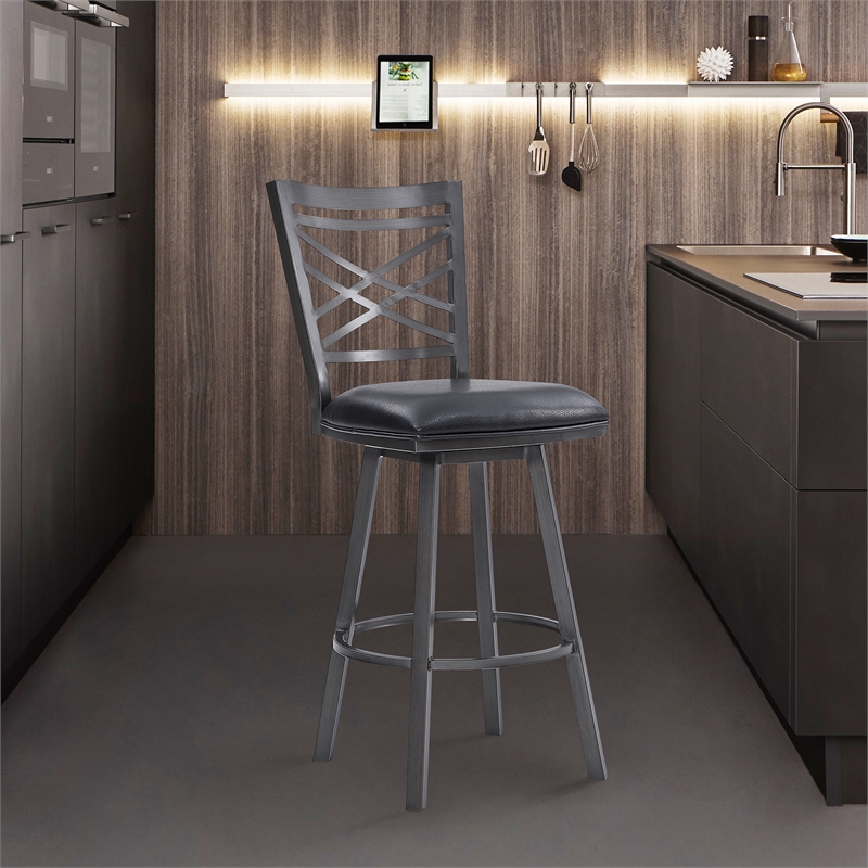 Armen Living Fargo Modern Faux Leather Swivel Kitchen Barstool in Black