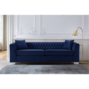 armen living cambridge velvet sofa in rich blue and brushed stainless steel