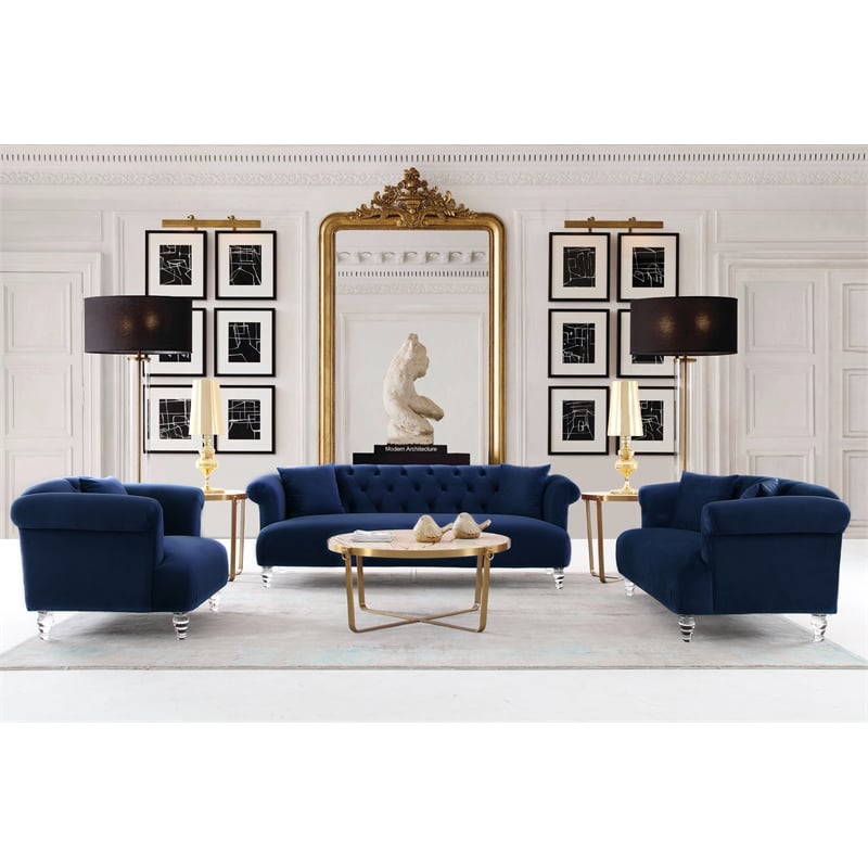 Armen Living Elegance Tufted Contemporary Velvet & Acrylic Sofa in Blue