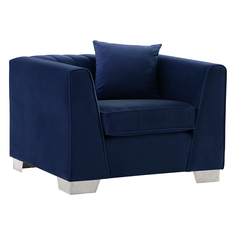 Armen Living Cambridge Velvet Chair in Rich Blue and Brushed Stainless Steel