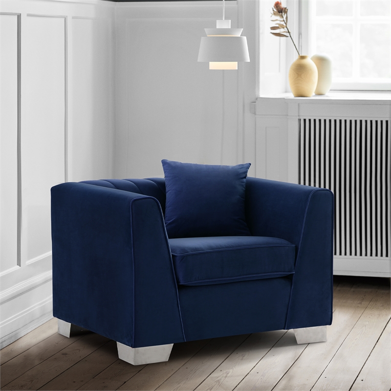 Armen Living Cambridge Velvet Chair in Rich Blue and Brushed Stainless Steel