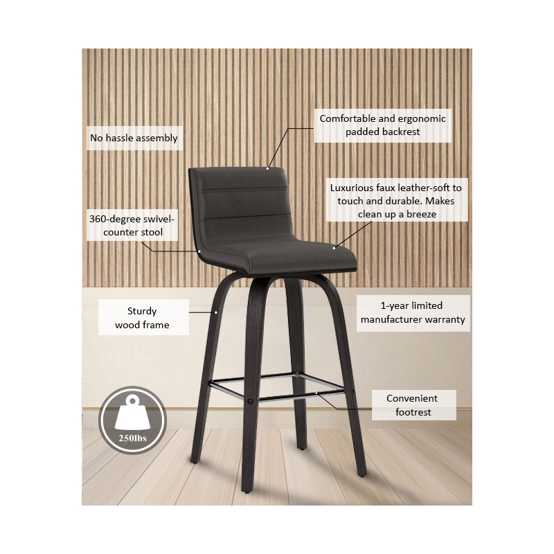 Armen Living Vienna Faux Leather Swivel Counter Stool in Gray/Brushed Black