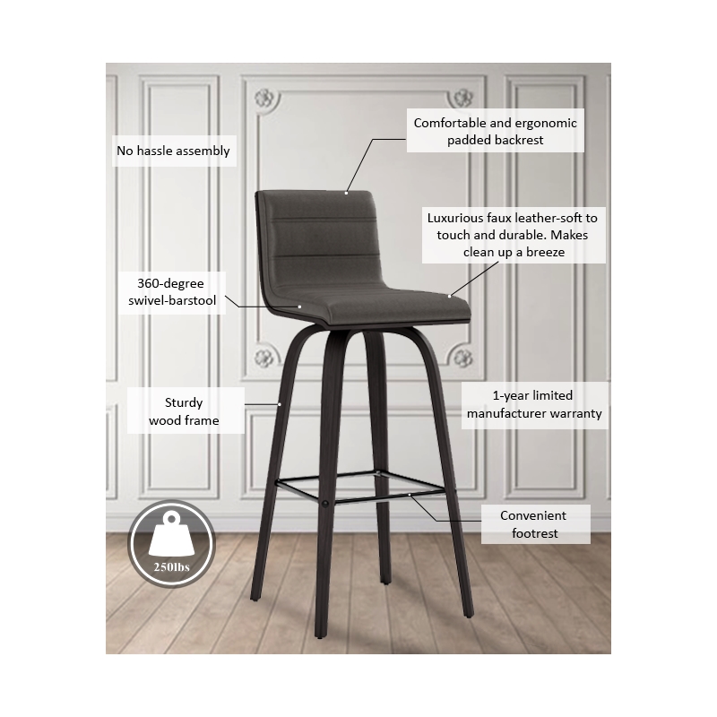 Armen Living Vienna Modern Faux Leather Swivel Barstool in Gray/Brushed Black