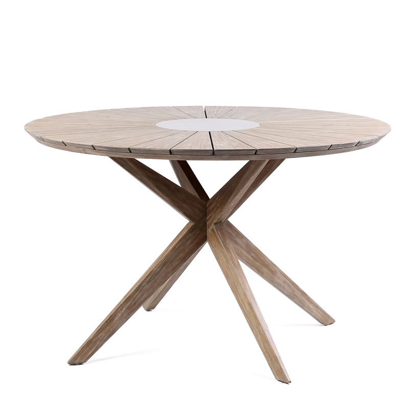 Armen Living Oasis Outdoor Wood and Stone Round Dining Table in Natural