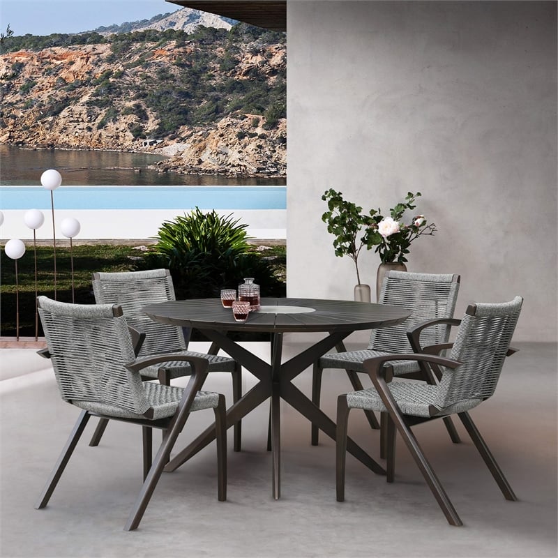 Armen Living Oasis Wood and Stone Outdoor Round Dining Table in Gray