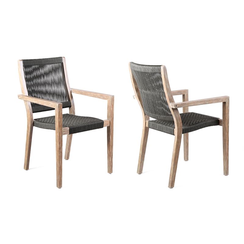 Armen Living Madsen Wood Outdoor Patio Arm Chair in Dark Gray/Teak (Set of 2)