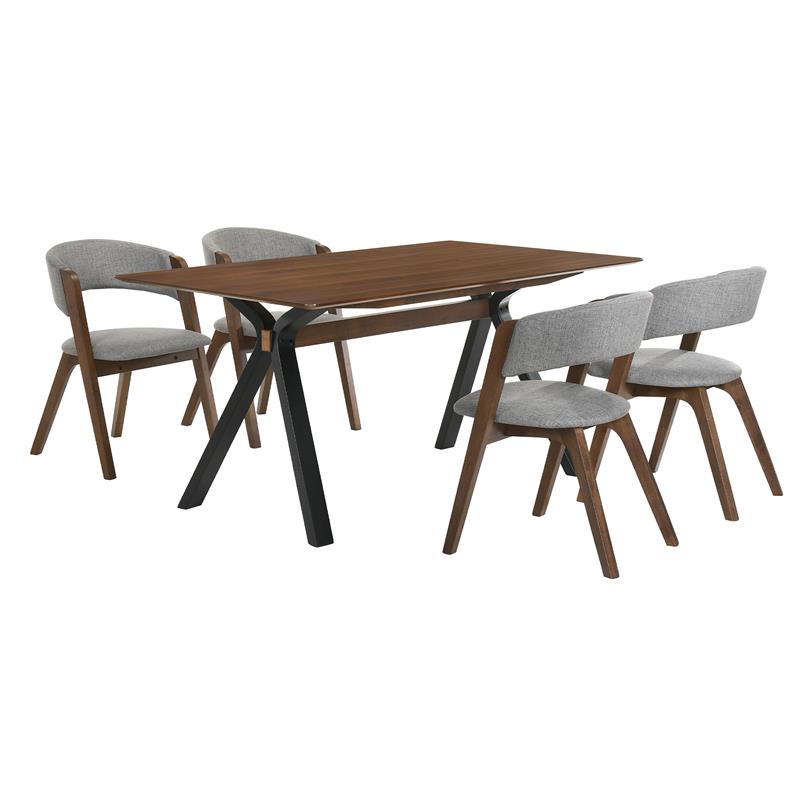 Armen Living Laredo Rowan 5-Piece Wood Dining Table and Chair Set in Walnut/Gray