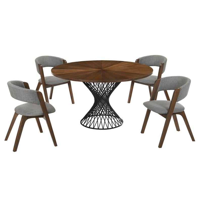 Armen Living Cirque Rowan 5-Piece Wood Dining Table & Chair Set in Walnut/Gray