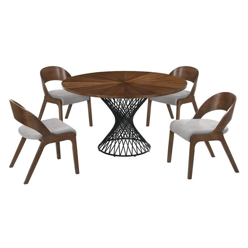 Armen Living Cirque Polly 5-Piece Wood Dining Table & Chair Set in Walnut/Gray