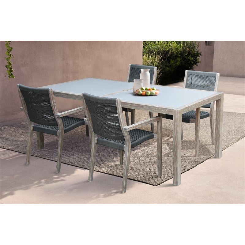 Armen Living Sienna & Madsen 5PC Wood Outdoor Dining Set in Gray Teak/Black
