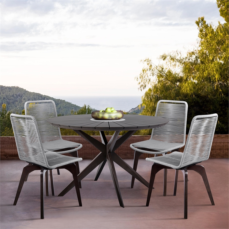 Armen Living Oasis and Island Outdoor 5-Piece Wood Dining Set in Light Gray