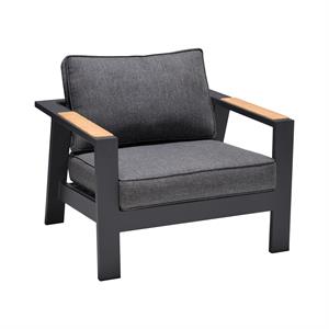 palau outdoor chair in dark grey with cushions and natural teak wood accent
