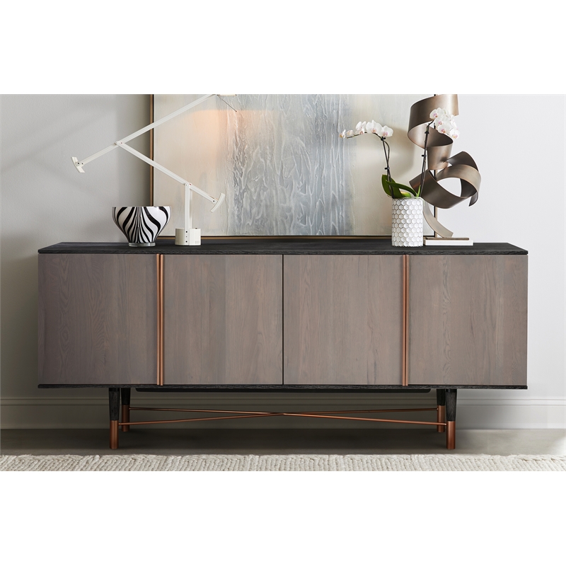 Armen Living Turin Modern Solid Wood Sideboard Cabinet with Copper Accent in Oak