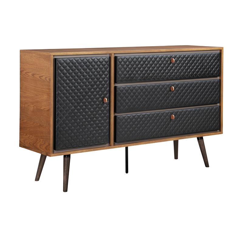 Armen Living Coco 3-Drawer Modern Wood/Faux Leather Dresser in Oak/Black