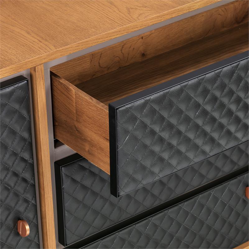 Armen Living Coco 3-Drawer Modern Wood/Faux Leather Dresser in Oak/Black