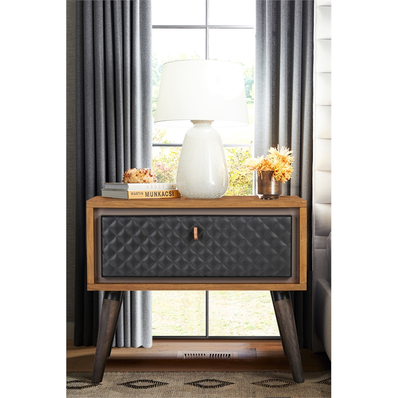 Armen Living Coco Single Drawer Wood/Faux Leather Nightstand in Chocolate/Black