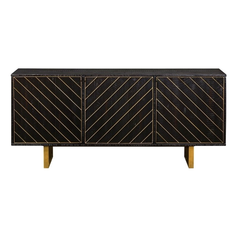 Armen Living Monaco Rectangular Solid Wood Sideboard in Black/Antique Brass
