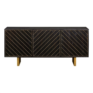 Armen Living Monaco Rectangular Solid Wood Sideboard in Black/Antique Brass
