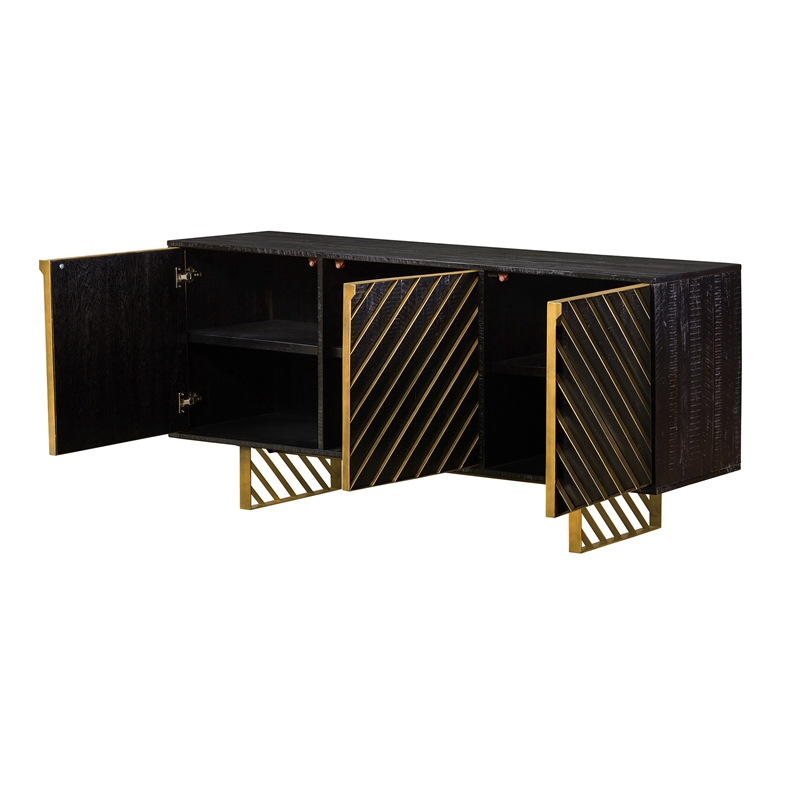 Armen Living Monaco Rectangular Solid Wood Sideboard in Black/Antique Brass