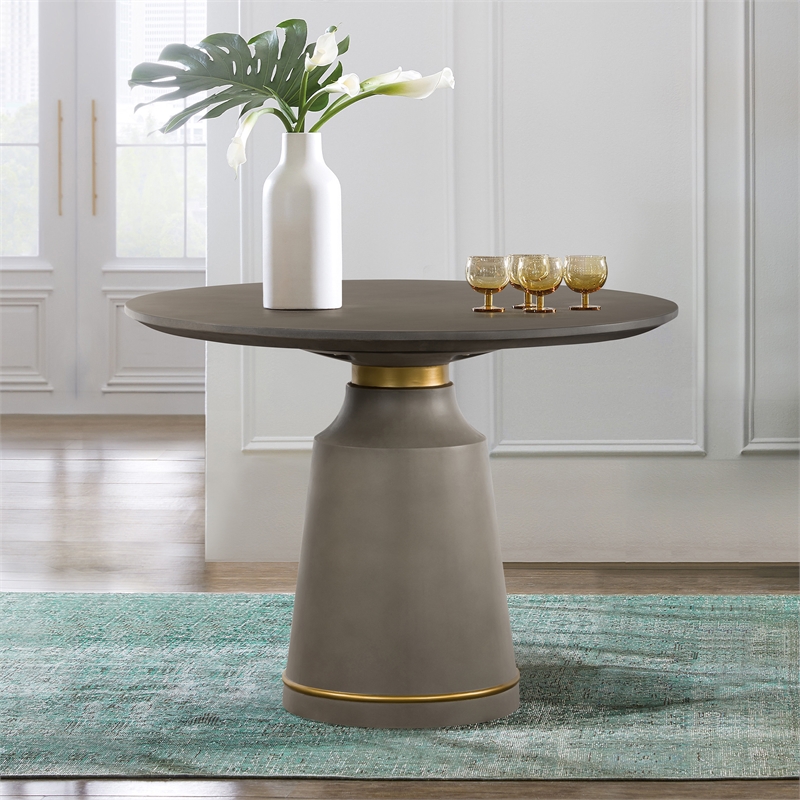 Armen Living Pinni Round Contemporary Stone Dining Table in Gray/Antique Brass