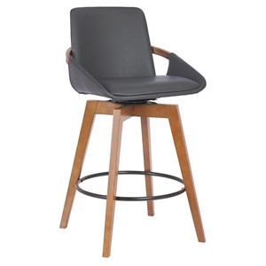 Armen Living Baylor 26&quot Wood/Faux Leather Swivel Counter Stool in Gray/Walnut