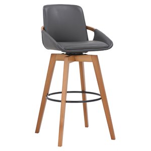 Armen Living Baylor 30&quot Modern Faux Leather Swivel Bar Stool in Gray/Walnut