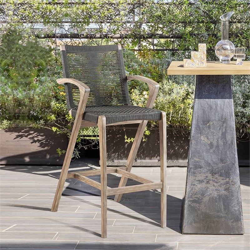 Brielle Outdoor Light Eucalyptus Wood and Charcoal Rope Bar Height Stool