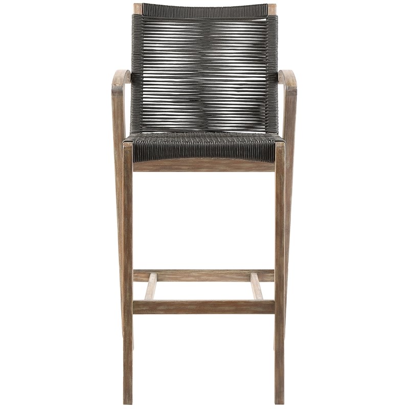 Brielle Outdoor Light Eucalyptus Wood and Charcoal Rope Bar Height Stool