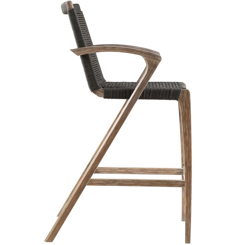Brielle Outdoor Light Eucalyptus Wood and Charcoal Rope Bar Height Stool