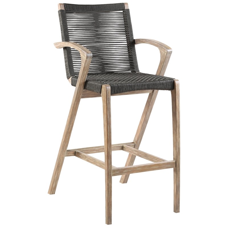 Brielle Outdoor Light Eucalyptus Wood and Charcoal Rope Bar Height Stool
