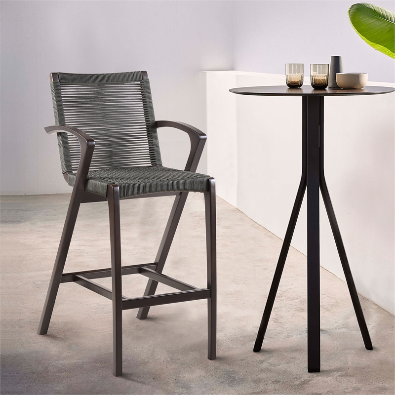 Brielle Outdoor Dark Eucalyptus Wood and Gray Rope Bar Height Stool