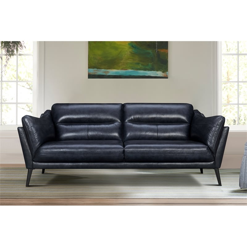 Armen Living Franz Modern Genuine Leather Sofa in Blue Midnight